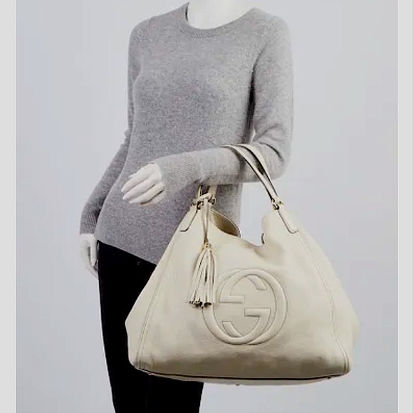 💯 Authentic Gucci Large Soho Tote Ivory Pebbled Leather GHW Tassel EUC Full Set - Picture 3 of 9